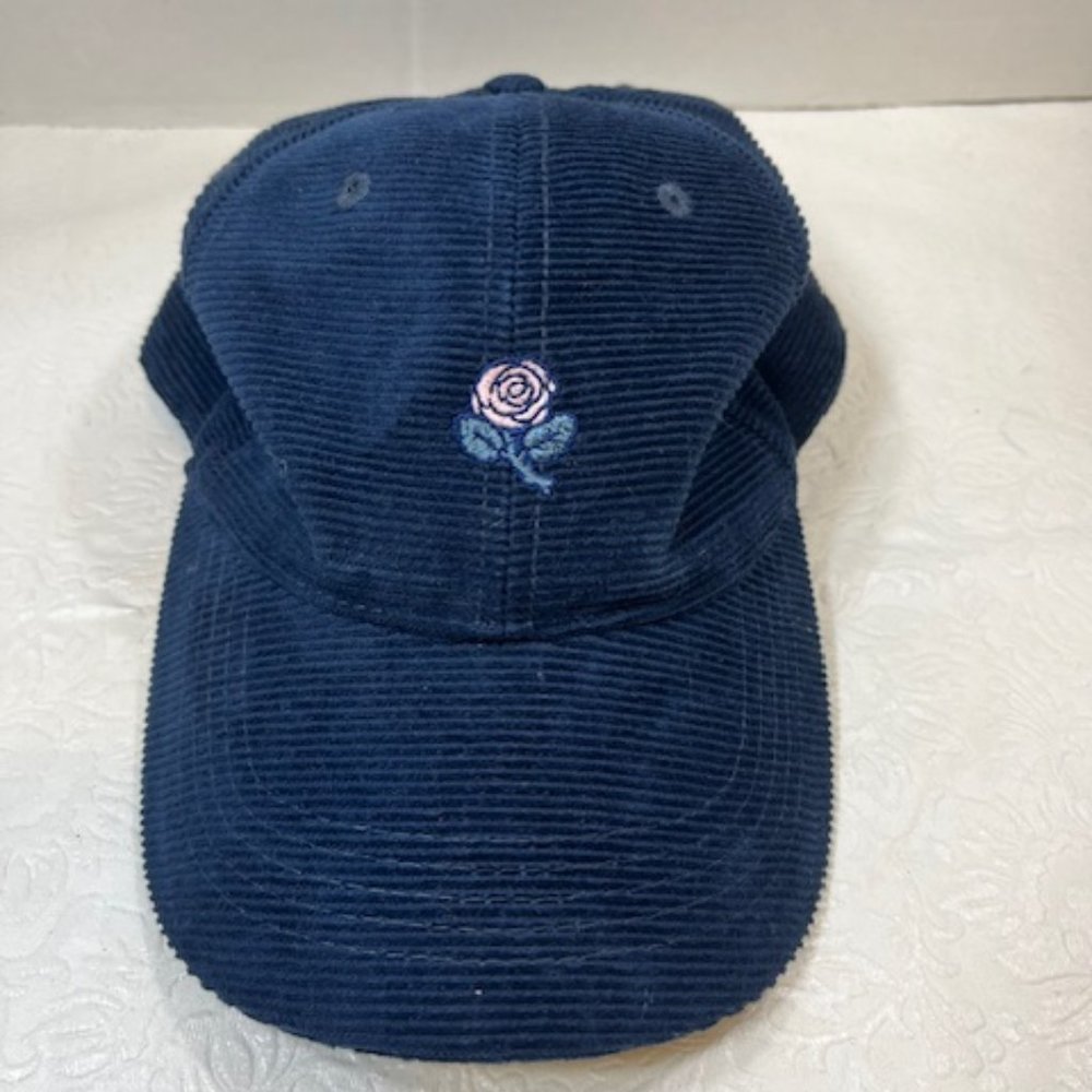 Pink Rose Floral Navy Blue Corduroy Adjustable Cap Hat - Picture 2 of 11